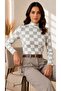 Women's Ecru Gray Checkered Patterned High Collar Long Sleeve Viscose Elastane Trend Blouse