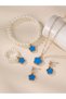 Girls Blue Flower Charm Pearl Necklace, Bracelet, Ring and Earrings Set - 2