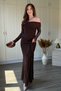 Boat Neck Lace Detailed Front Sash Maxi Brown Dress - 4
