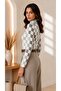 Women's Ecru Gray Checkered Patterned High Collar Long Sleeve Viscose Elastane Trend Blouse - 6