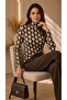 Women's Ecru Brown Geometric Pattern Stand Collar Long Sleeve Viscose Elastane Trend Blouse - 3