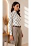 Women's Ecru Gray Checkered Patterned High Collar Long Sleeve Viscose Elastane Trend Blouse - 5
