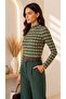 Women's Green Retro Pattern Stand Collar Long Sleeve Viscose Elastane Trendy Blouse