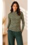 Women's Green Retro Pattern Stand Collar Long Sleeve Viscose Elastane Trendy Blouse - 2