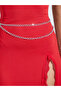 Red Lace Details Front High Slit Metal Chain Around the waist Slip with Brief - 3