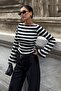Women's Black Striped Spanish Sleeve Gathered Fitted Blouse - 4