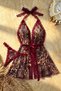Leopard Patterned Burgundy Lace Detailed Halter Neck Nightgown Set - 3