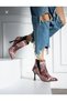 Eli̇na Bordo Snake Leather Elastic Detail 7 cm Thin Heel Boots Botti̇e - 2