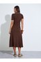 Brown Ribbed Belted Waist Shirt Midi Dress - 4