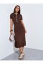 Brown Ribbed Belted Waist Shirt Midi Dress
