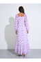 Lilac Floral Print Square Neck Long Puff Sleeves Maxi Dress - 5