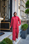 Women's Silver Button Detail Shirt Collar Linen Suit Red - 2
