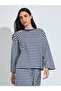 Navy Blue Striped Long Sleeves T-Shirt and Wide Leg Pants Pyjama Set - 3