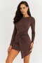 Women's Brown Long Sleeve Draped Asymmetrical Mini Dress with Gold Buckle