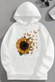 Unisex 3 Thread Cotton White Sunflower Print Loose Fit Sweatshirt Hoodie