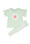 Girls' Green Floral Print Ruffled Sleeves Plaid Patterned Leggings 2-Piece Set