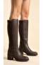 Bitter Brown Leather Look Stretchable Back Zipper Boots with Flexible Medium High Heels - 2