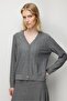 Women's V-Neck Glittery Striped Knitwear Jacket Gray - 5
