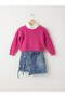 Girl's Crew Neck Knitwear Sweater White Shirt Pocket Denim Skirt Triple Set - 5