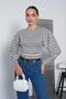 Women's Navy Blue Oysho Fabric Striped Bat Sleeve Ribbed Blouse Pc7001 - 2