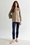 Women's Stand Collar Embroidered Shoulder Short Wool Coat Dark Beige - 2