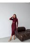Women's Burgundy Glittery Midi Dress with Accessory Detail Elt7276 - 4
