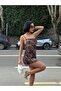 Women's Brown Tie Dye Patterned Rope Strap Tulle Mini Dress Yel221816 - 2