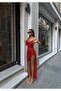 Women's Red Corset Look Slit Sequined Asymmetrical Midi Dress Yel221586 - 4