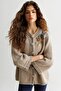 Women's Stand Collar Embroidered Shoulder Short Wool Coat Dark Beige - 5
