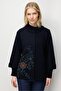 Women's Stand Collar Patterned Short Woolen Jacket Dark Blue - 4