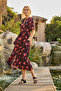 Floral Patterned Shirt Dress Short Sleeve Belted Pocketed Black Red Midi Summer Dress - 3
