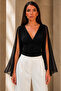 Women's Black V-Neck Draped Cape Sleeve Blouse - 4