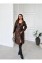 Belted Buttonless Bitter Brown Faux Leather Long Trench Coat - 6
