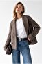 4966 Women's Double-Breasted Ribbed Short Coat with Collar Brown - 3