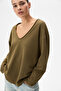 Basil V Women's Oversized Khaki Blouse with Long Sleeves and V-Neck - 4