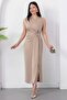 Oval Neckline Side Pleated Buckled Satin Dress K-251633 - 6