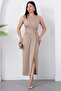 Oval Neckline Side Pleated Buckled Satin Dress K-251633 - 3