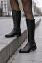 Women's Black Genuine Leather Flexible Riding Boots with Back Accessory Detail - 3
