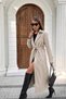 Women's Beige Lined Belted Stylish Oversize Elegant Long Faux Leather Trench Coat with Sleeve and Pocket Detailing