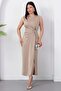 Oval Neckline Side Pleated Buckled Satin Dress K-251633 - 5