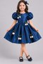 Girl's Watermelon Sleeves, Tulip Ribbon Detail on Skirt, Fluffy Petrol Blue Satin Evening Dress