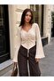 Knitwear Blouse - Soft Ribbed Square Neck Drawstring Tie Long Sleeve Knitwear Blouse - 2