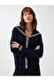 Navy Blue Draped Collar Stripe Detailed Knitwear Cardigan