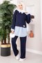 Shirt Collar with Line Trim Sports Double Suit Set Navy Blue - 3