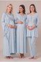 Women's Blue Lace Long Sleeve Nursing Detailed Maternity Pajama Nightgown Set with Dressing Gown