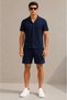 Men's 2-Piece Crepe Fabric Pocket Shirt Shorts Set Short Sleeve Lace-Up - Navy Blue - Smoked - 2