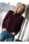 Vizyon New Season Burgundy Stand Collar Patterned Gathered Blouse