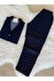 Navy Blue Patterned Suede Shirt Collar Long Sleeve Pajama Set - 3