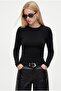 Women's Remy Waist-Fitted Back Tie Combed Cotton Black Long Sleeve Knitted Blouse - 4