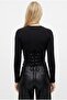 Women's Remy Waist-Fitted Back Tie Combed Cotton Black Long Sleeve Knitted Blouse - 5
